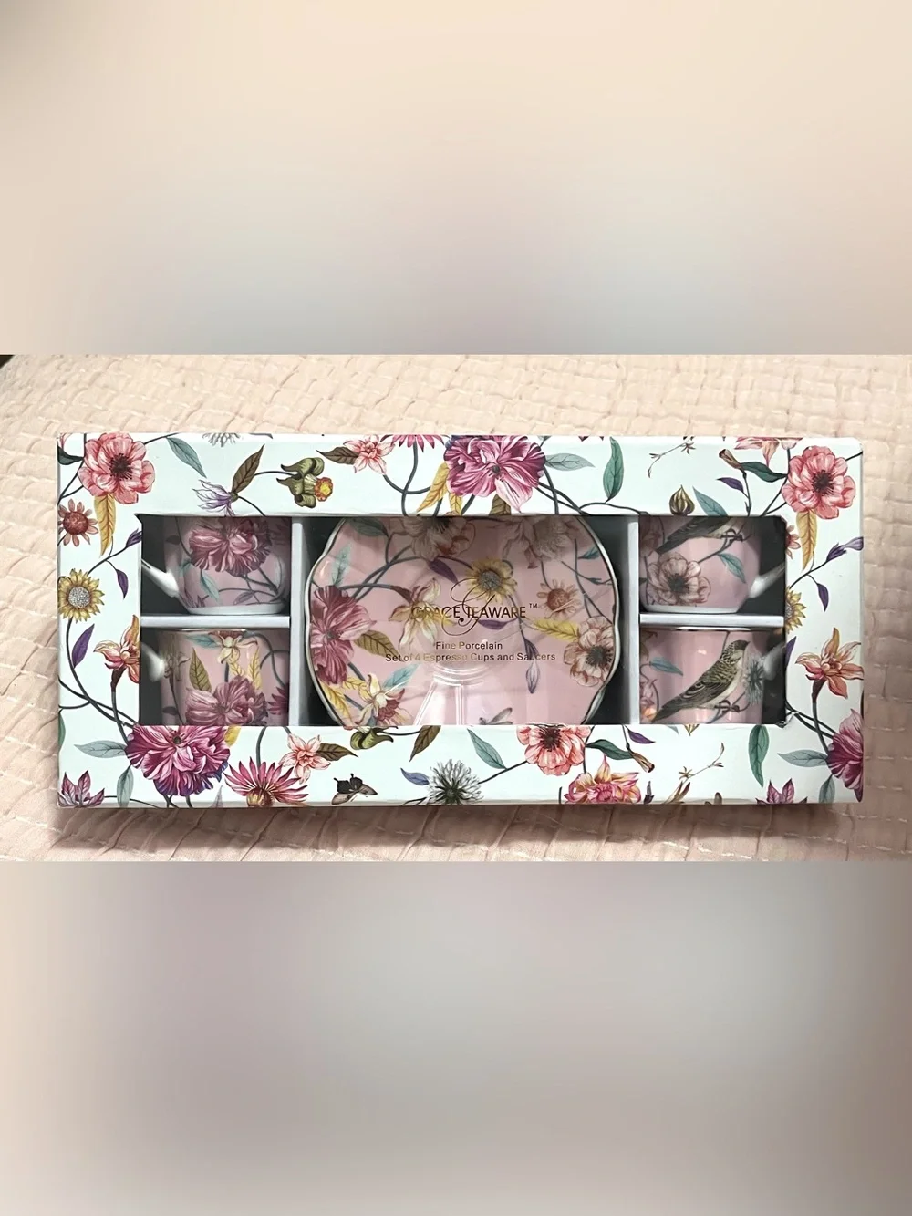 Grace Teaware Floral Porcelain espresso coffee Tea Set Pink floral flowers bird